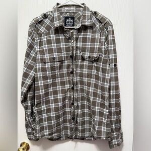 Express Gray & White Plaid Fitted Long Sleeve Zip Up & Buttons Shirt Size Large